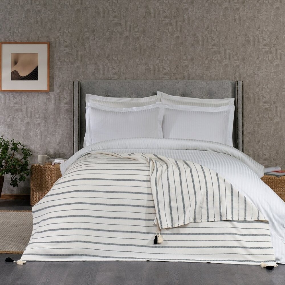 Large off-white & Black striped Turkish Cotton tasseled throw by Cotton & Olive